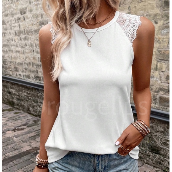 Rouge! Tops - White Rib Knit Lace Detail Tank Top Tee Shirt